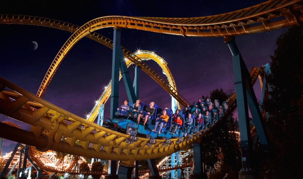 Skyrush roller coaster in Hershey, PA at night